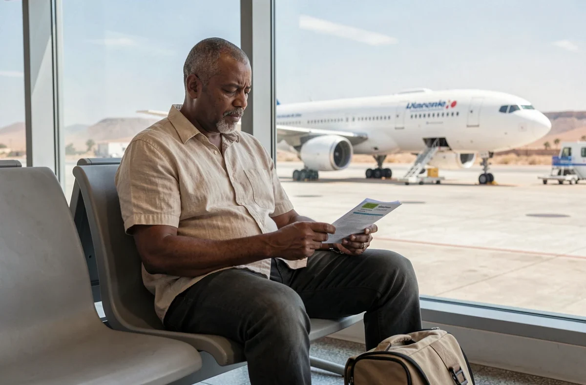 Passager attendant son vol à la porte d'embarquement de l'aéroport Al Massira d'Agadir avec sa carte d'embarquement
