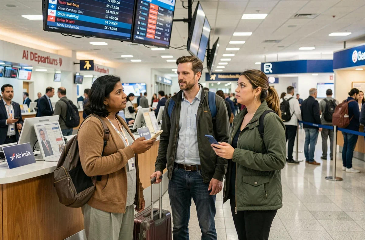 Voyageurs consultant les informations de vol Air India au comptoir d'enregistrement d'un aéroport international