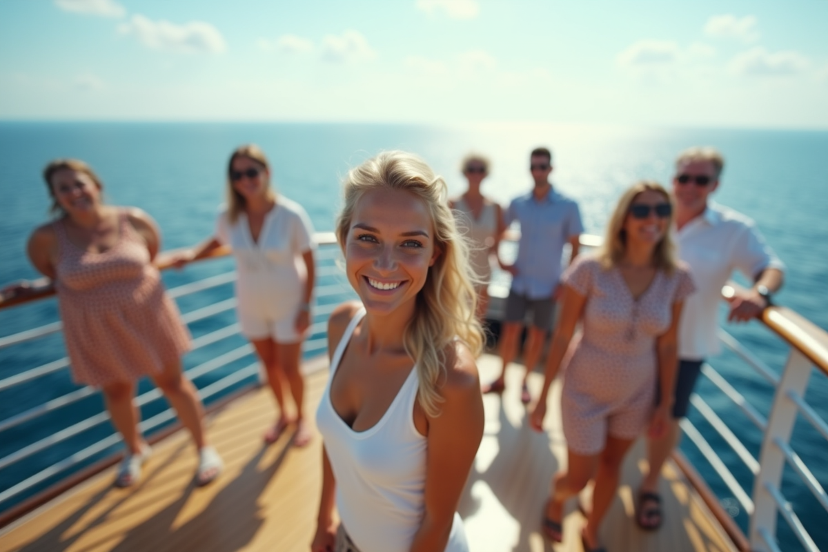 Groupe divers de passagers croisiere sur le pont