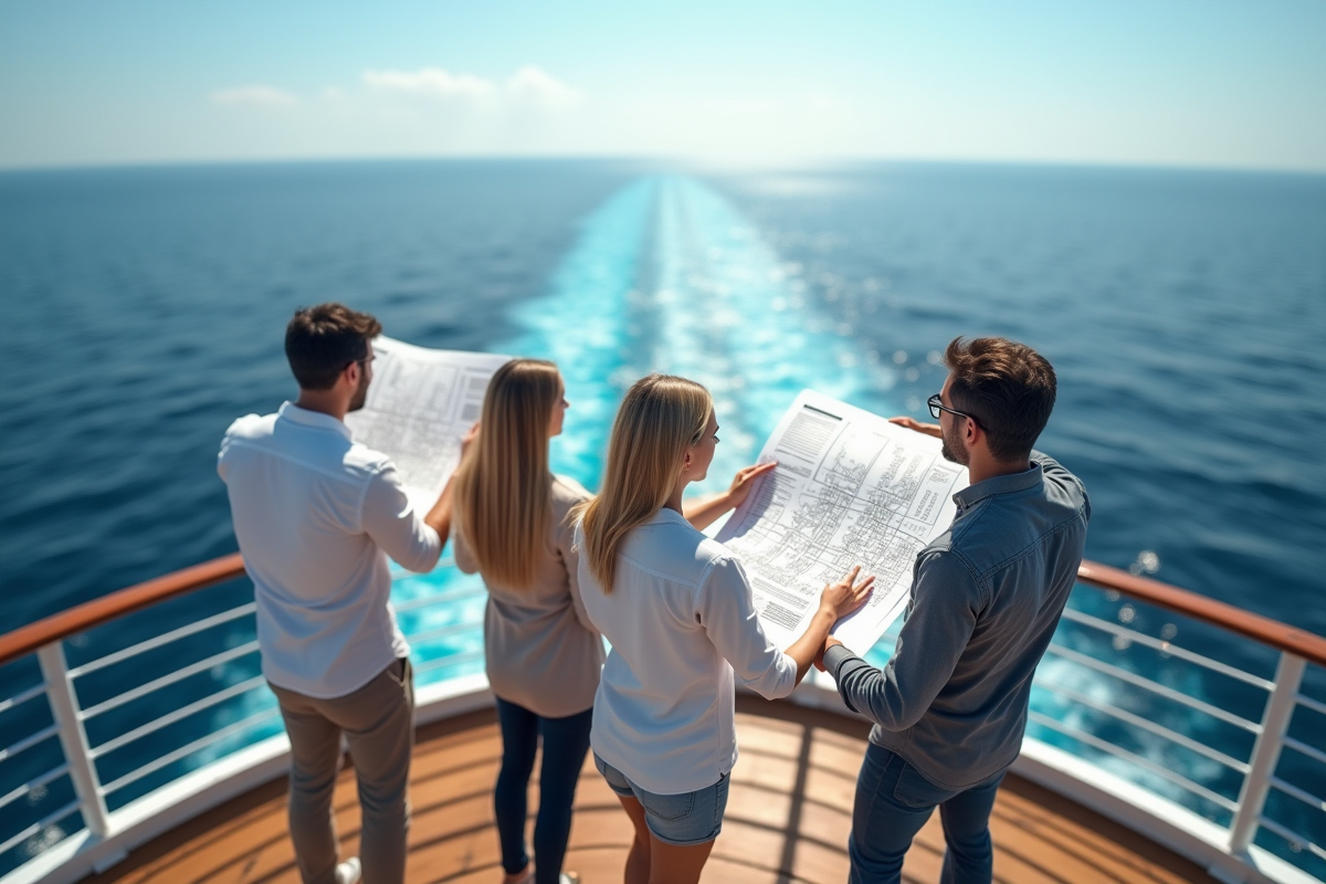 Groupe de passagers sur le pont avec plans de navigation