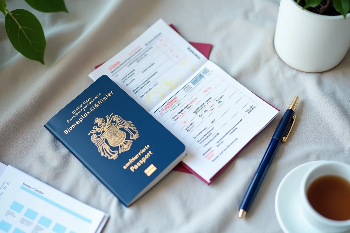 Passeport français ouvert avec checklist de renouvellement et calendrier sur une table