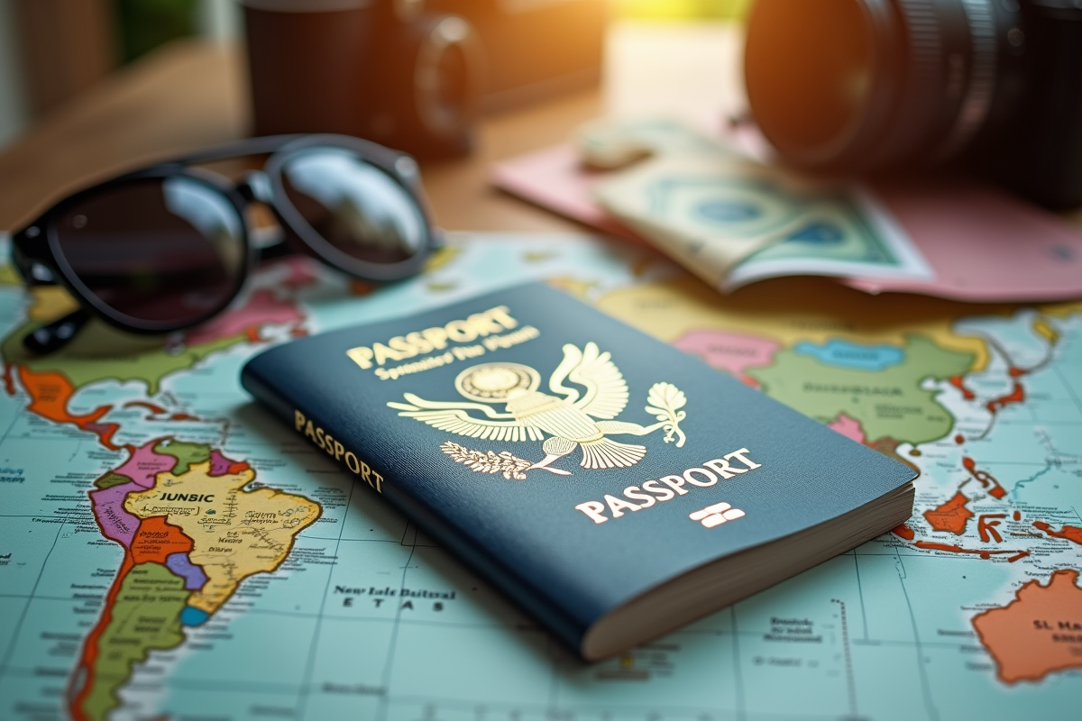 Passeport avec tampons et carte du monde avec accessoires de voyage