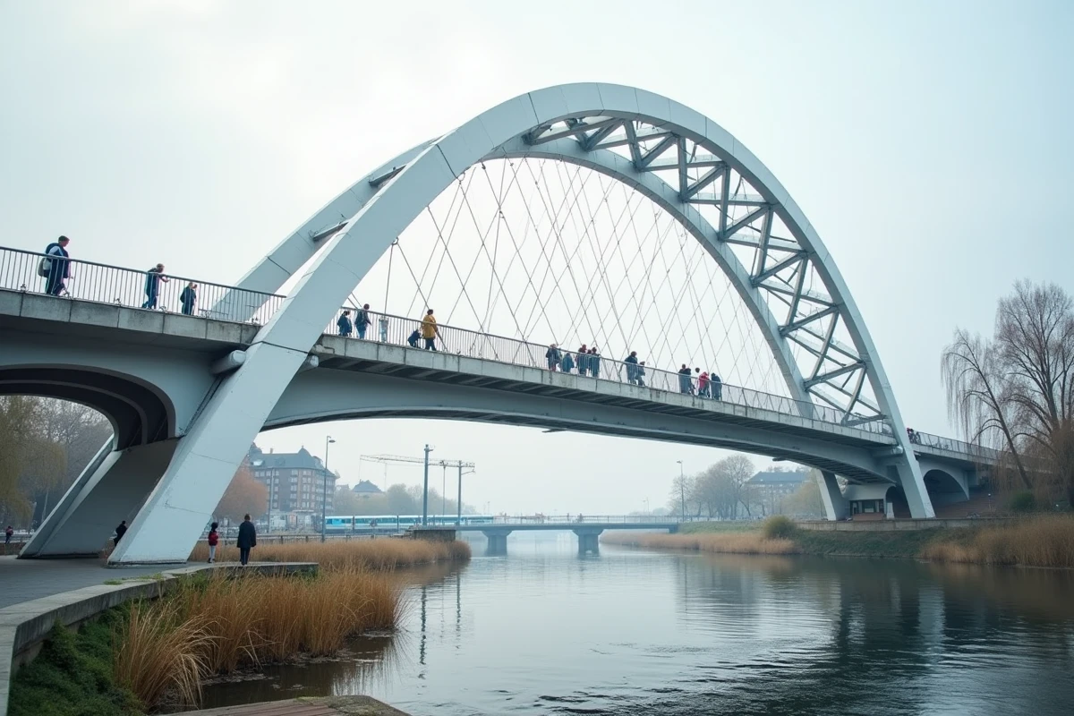 Passerelle Mimram de Strasbourg photographiée en contre-plongée avec le Rhin franco-allemand et ses berges naturelles en contrebas