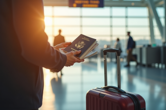 Personne tenant un passeport ouvert avec billets d'embarquement à l'aéroport