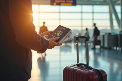 Personne tenant un passeport ouvert avec billets d'embarquement à l'aéroport