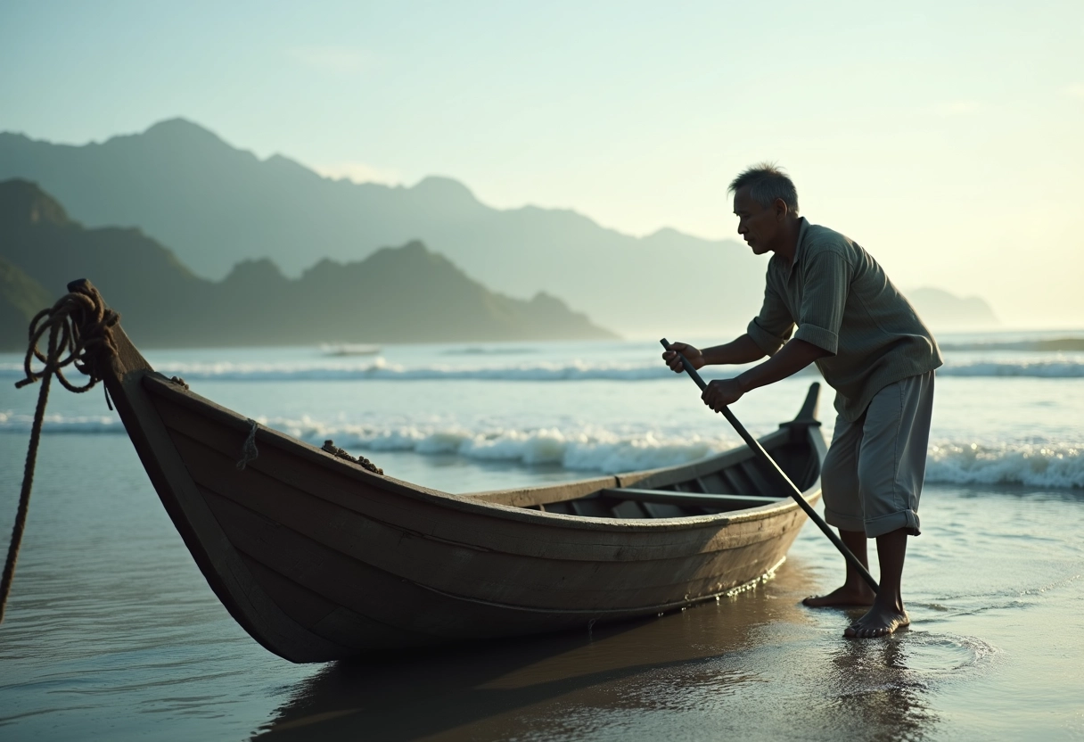 Pêcheur balinais préparant son bateau au lever du jour