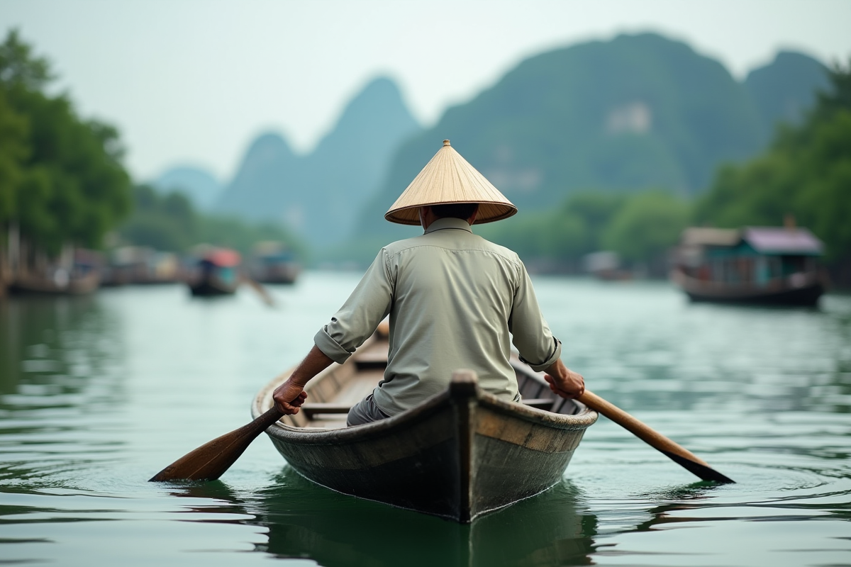 Pêcheur vietnamien dans un sampan à Halong