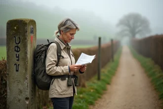 Pèlerine consultant son itinéraire papier devant une borne de chemin de pèlerinage en pierre en Normandie