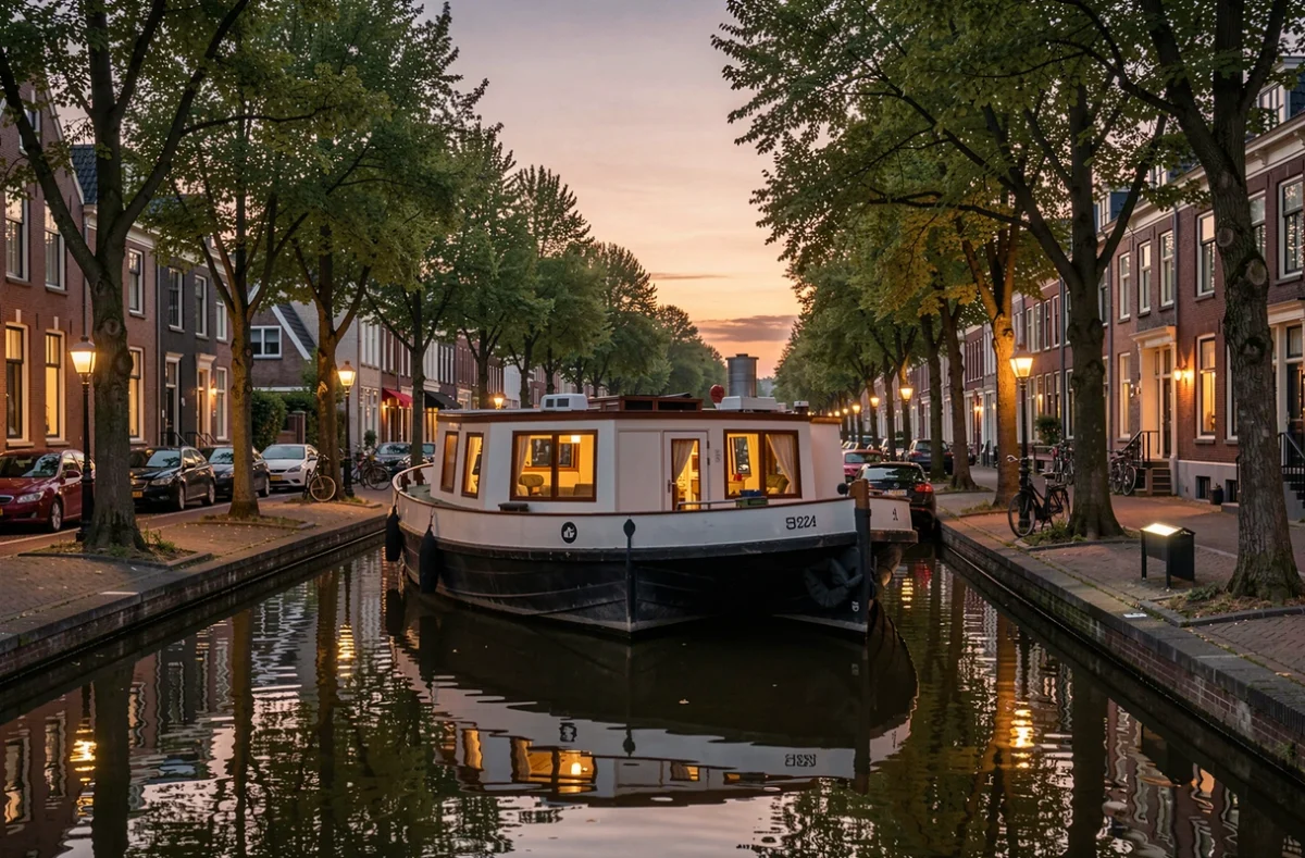 Péniche amarrée sur un canal calme au crépuscule