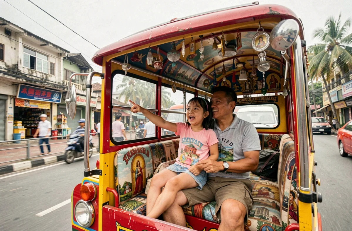 Père et sa jeune fille à bord d'un jeepney coloré dans les rues animées de Manille aux Philippines