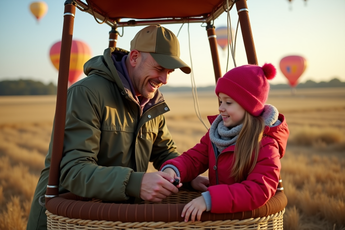 Pere et fille préparant le ballon dans un champ au matin