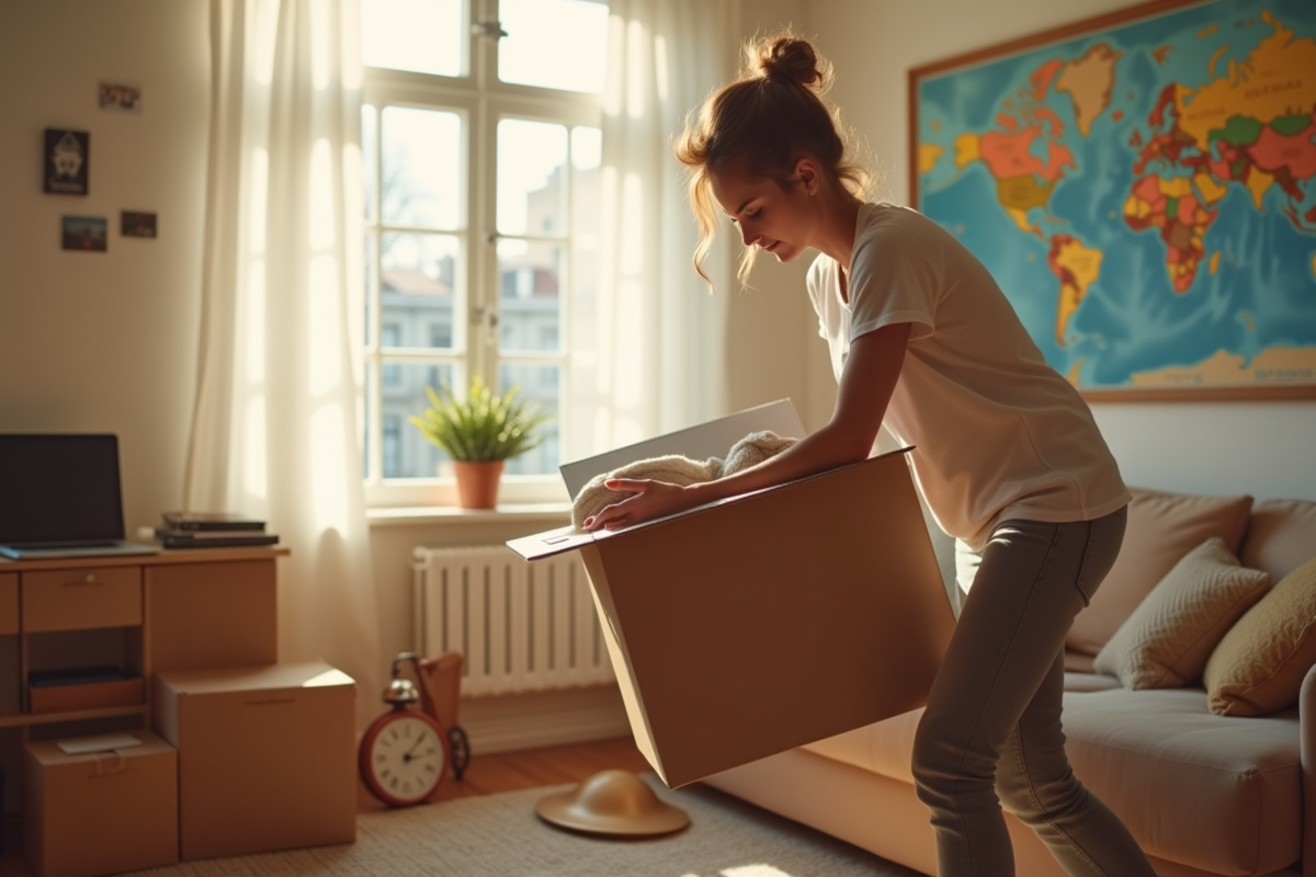 Personne emballant des cartons dans un appartement lumineux