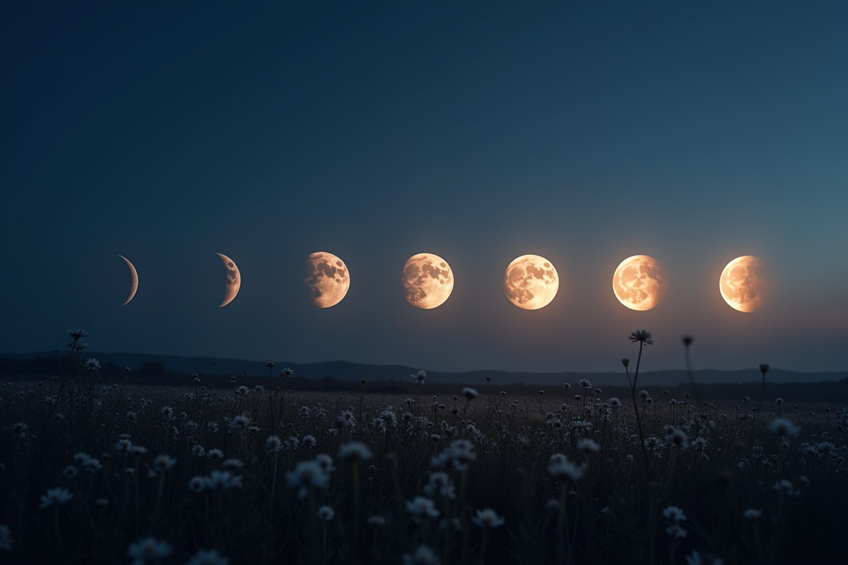 Phases de la lune dans un ciel du soir avec champ de fleurs