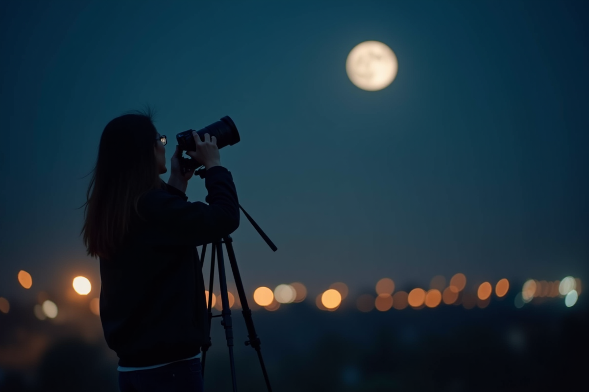 Photographe à la nuit avec caméra sur trépied face à la lune