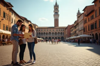 Touristes consultant une carte touristique sur la Piazza del Campo à Sienne, avec la Torre del Mangia en arrière-plan