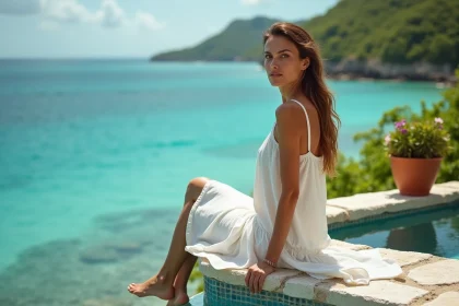 Femme en robe de lin blanc au bord d'une piscine à débordement avec vue sur la baie tropicale de Guadeloupe