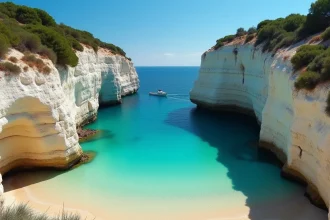 Vue panoramique de la Plage des 3 Pointes à Bonifacio avec ses eaux turquoise et ses falaises calcaires blanches en Corse