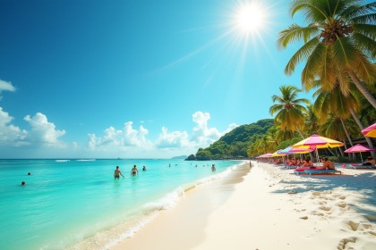 Plage caraibes ensoleillée avec sable blanc et eaux turquoise