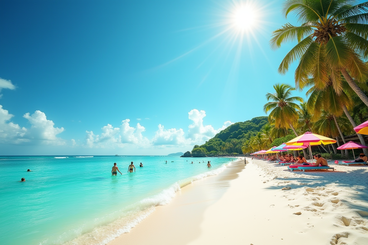 Plage caraibes ensoleillée avec sable blanc et eaux turquoise