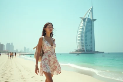 Jeune femme sur la plage publique de Jumeirah avec le Burj Al Arab en arrière-plan à Dubaï