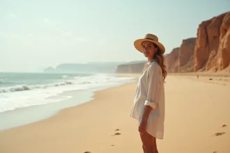 Femme sur une plage marocaine en février avec chapeau de paille et chemise en lin, mer Atlantique en arrière-plan