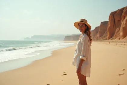 Femme sur une plage marocaine en f&eacute;vrier avec chapeau de paille et chemise en lin, mer Atlantique en arri&egrave;re-plan
