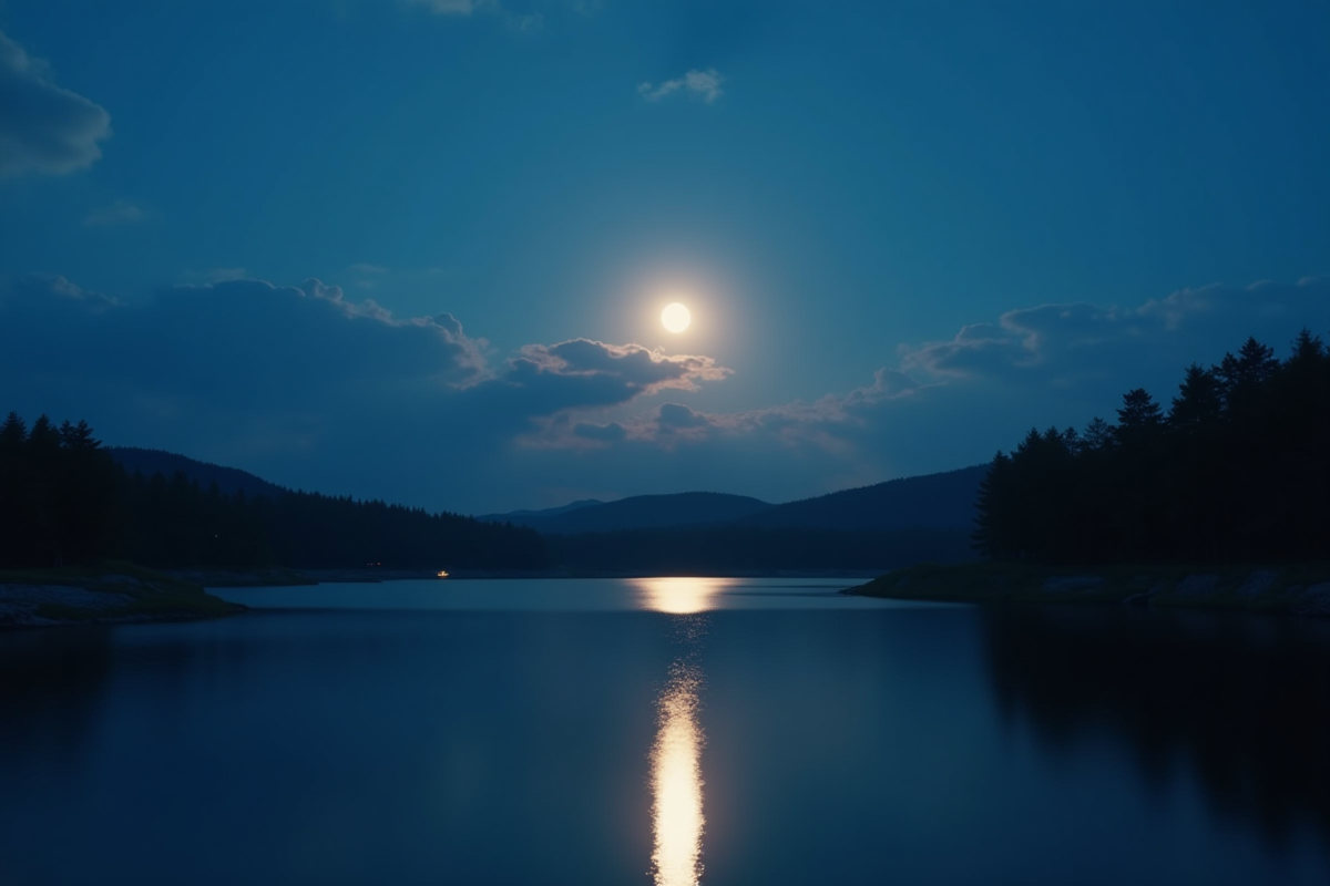 Lune pleine brillante dans un ciel nocturne avec reflet sur un lac