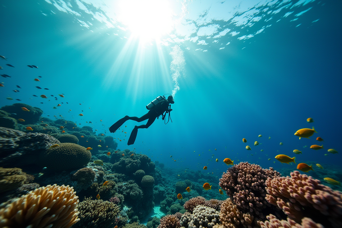 Plongeur explorant un récif corallien coloré avec poissons tropicaux