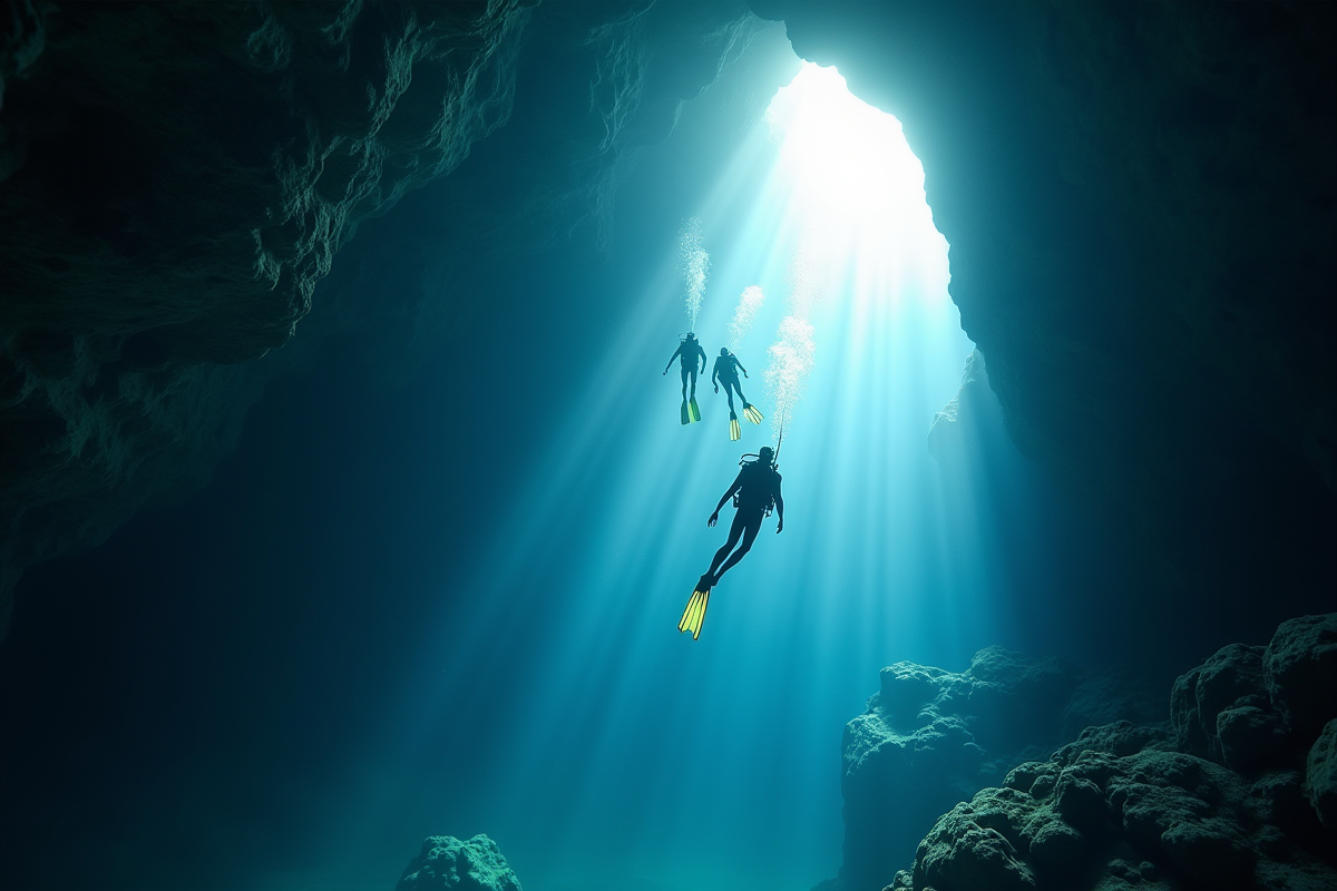 Groupe de plongeurs dans une grande grotte sous-marine avec lumière