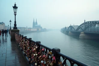 Vue panoramique depuis le pont Hohenzollern à Cologne avec la cathédrale gothique se reflétant dans le Rhin au lever du matin
