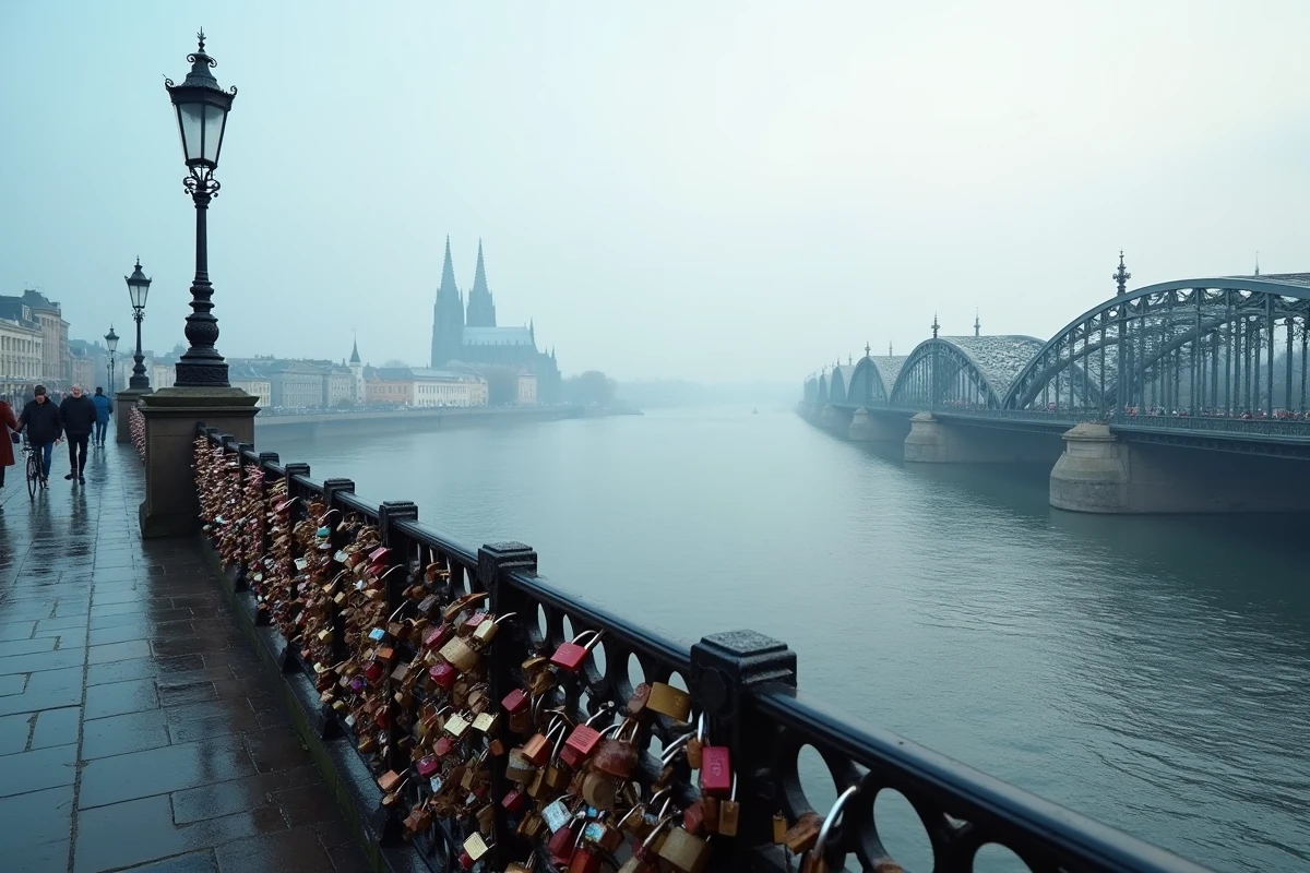 Vue panoramique depuis le pont Hohenzollern à Cologne avec la cathédrale gothique se reflétant dans le Rhin au lever du matin