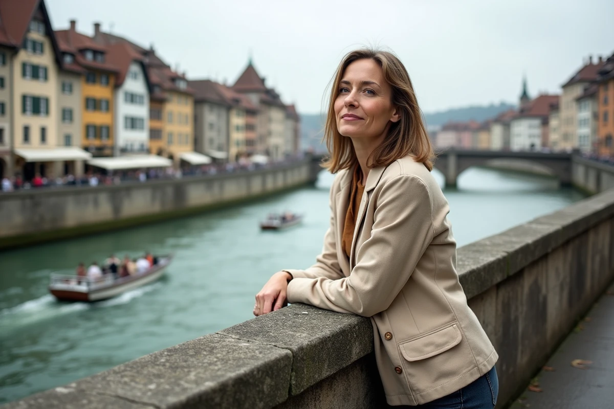 Femme contemplant le Rhin depuis le pont Mittlere Brücke à Bâle avec les bacs traditionnels et les façades historiques en arrière-plan