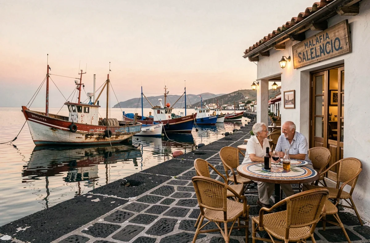 Place du port de Malfa sur l'île de Salina au crépuscule avec bateaux de pêche amarrés et terrasse de café typique des Éoliennes