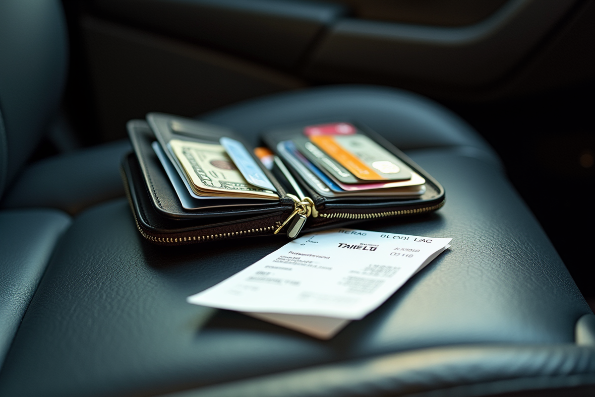 Portefeuille avec reçus Uber et Taxi LA en intérieur lumineux