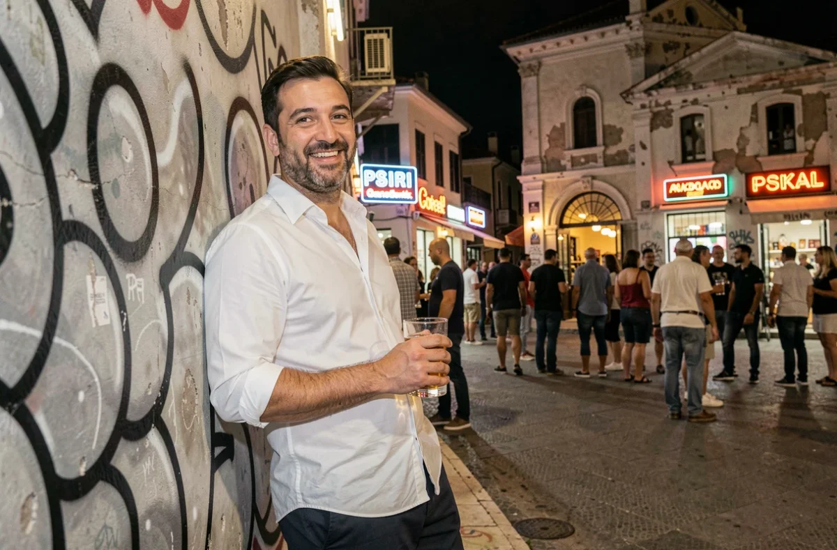 Portrait d'un homme grec souriant dans le quartier Psiri à Athènes la nuit, tenant un verre d'ouzo devant des devantures de bars animés