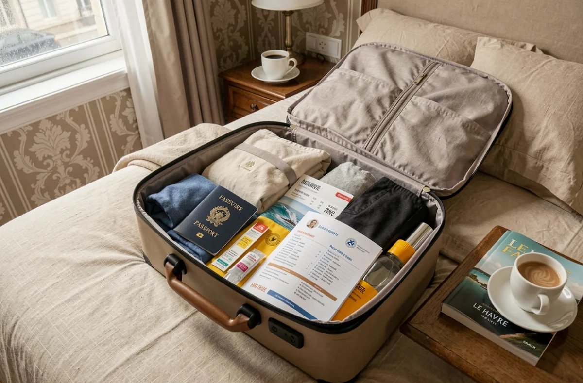 Valise préparée pour une croisière au départ du Havre avec documents de voyage, passeport et essentiels de voyage