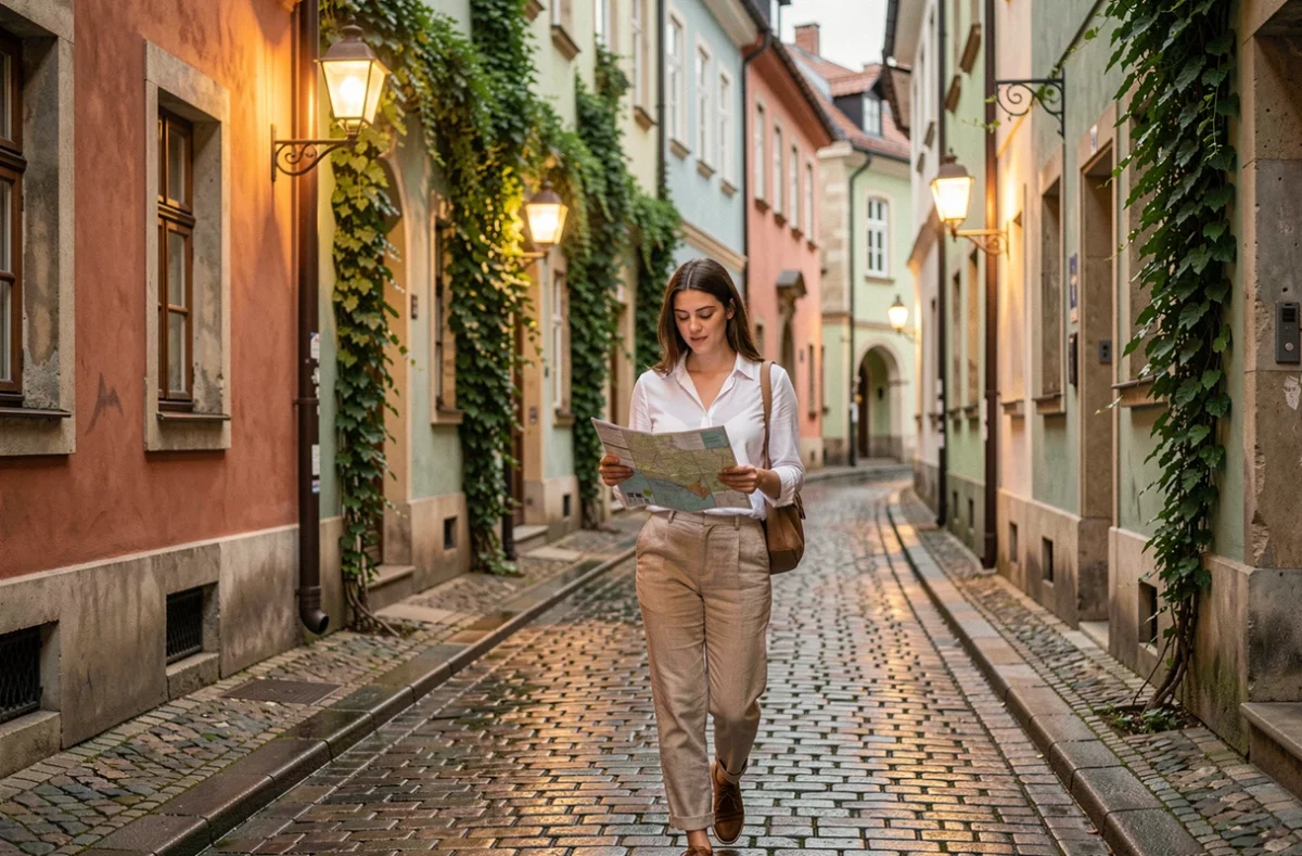 Voyageuse se promenant dans une ruelle pavée du quartier Malá Strana à Prague en soirée d'été