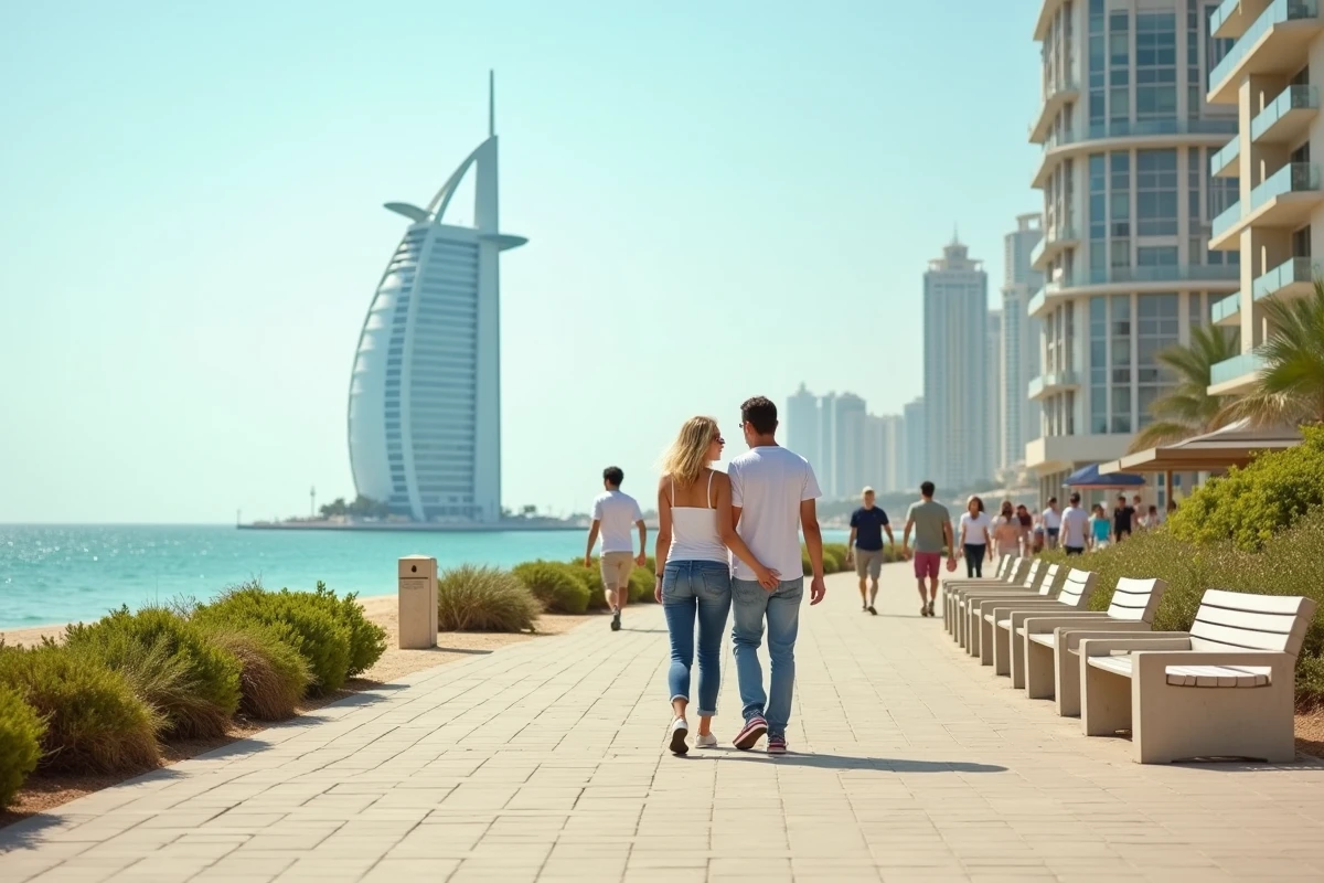 Couple en promenade sur le front de mer d'Umm Suqeim avec vue complète sur le Burj Al Arab