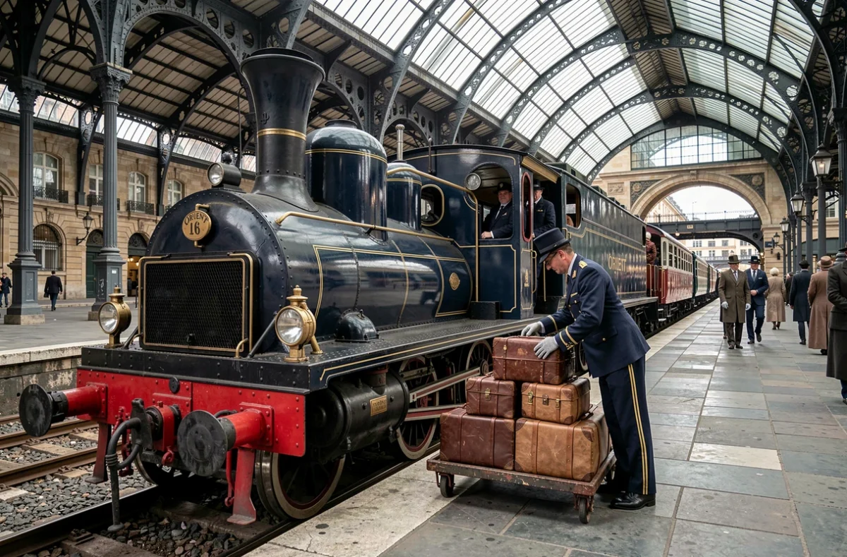 Quai de gare historique avec voiture de l'Orient Express et bagage en cuir vintage chargé par un porteur en uniforme
