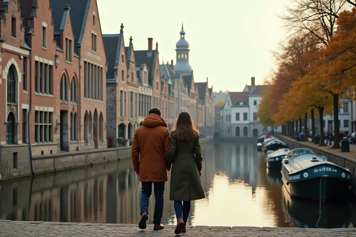 Couple se promenant sur le quai des Herbes à Gand, façades médiévales historiques reflétées dans la Lys, architecture emblématique de Gand