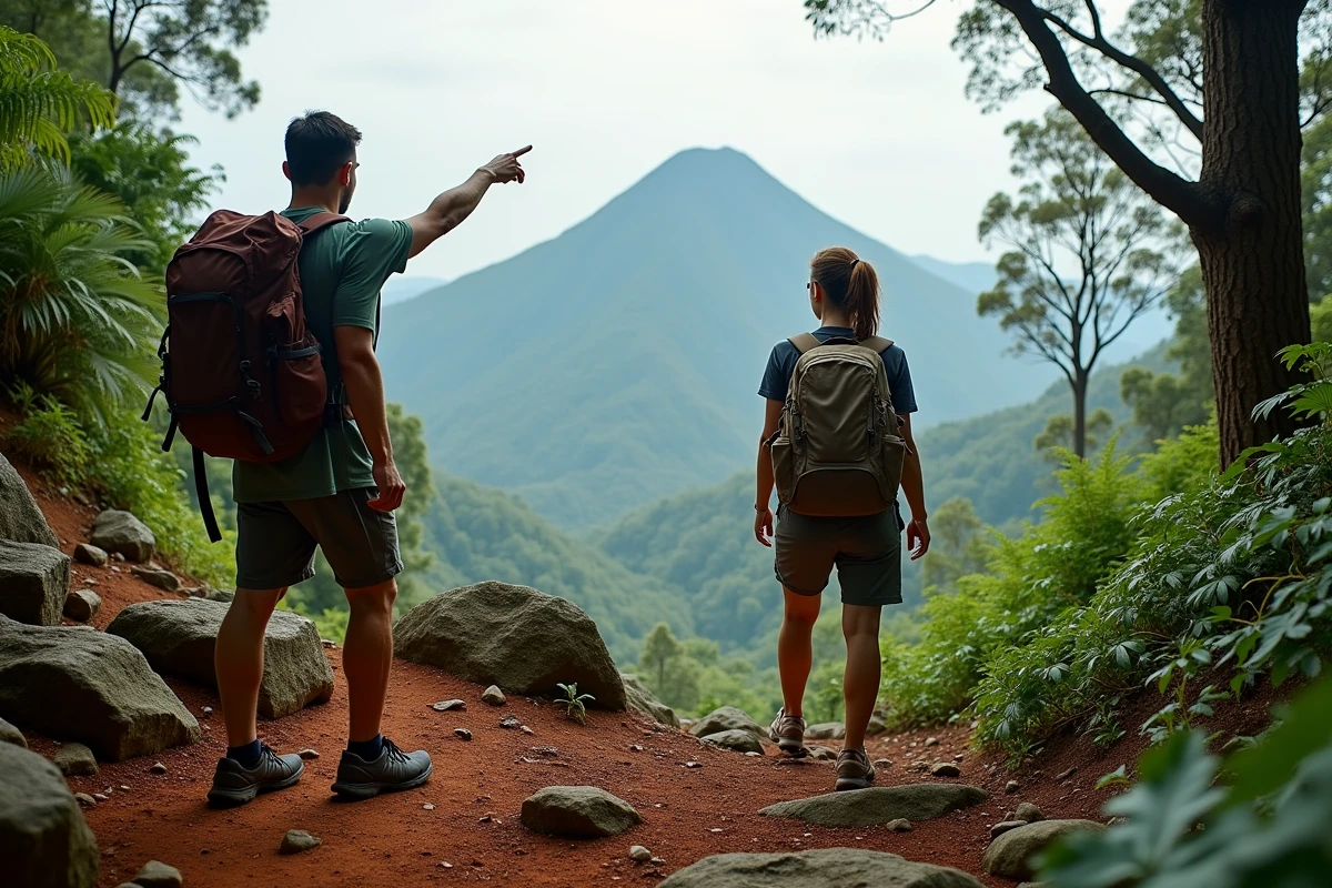 Couple de randonneurs sur un sentier volcanique en forêt tropicale humide en Guadeloupe avec vue sur les sommets