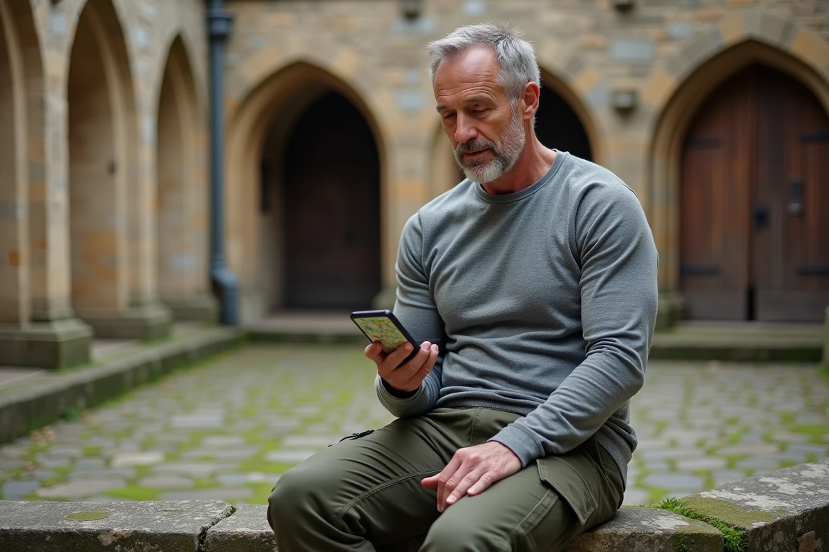 Randonneur utilisant une application mobile de pèlerinage dans la cour d'une abbaye normande