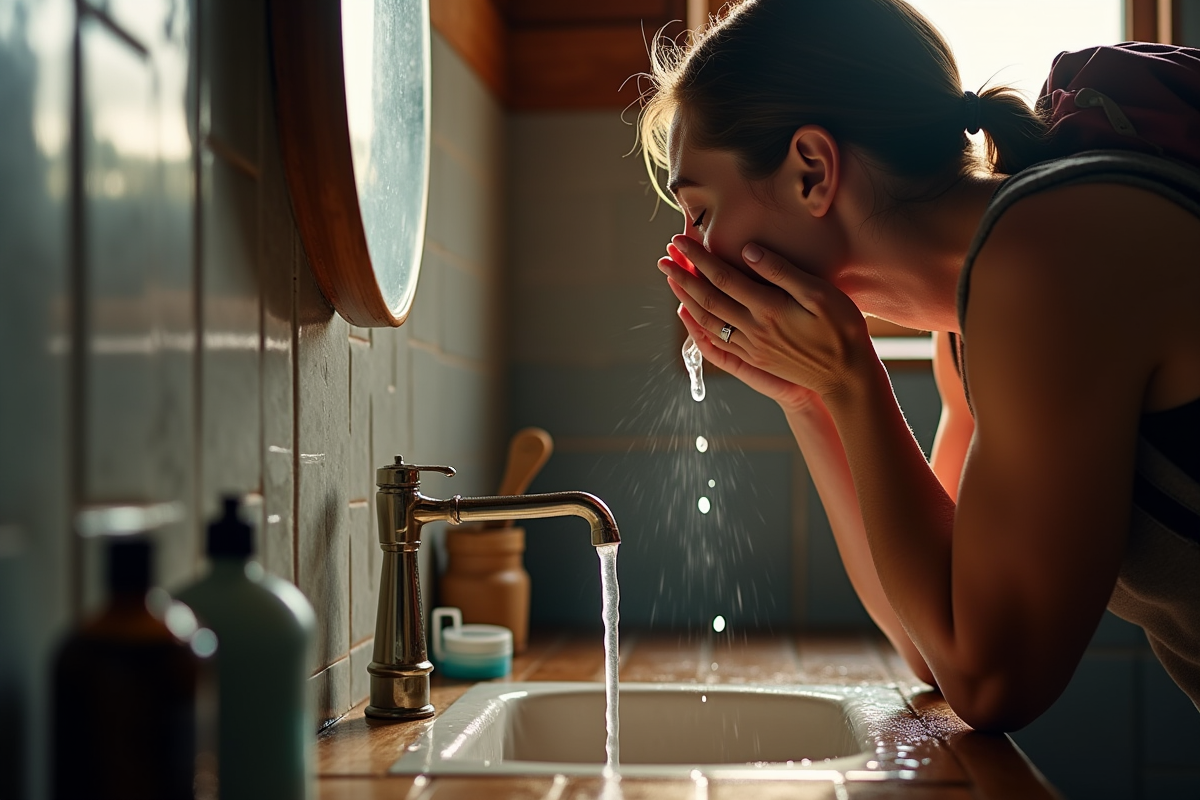 Randonneur se lavant le visage dans une salle de bain rustique en montagne