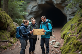 Groupe de randonneurs devant une grotte de calcaire