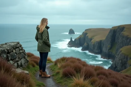 Randonneuse en veste verte sur les falaises côtières de l'île de Man, paysage naturel sauvage et mer agitée en arrière-plan