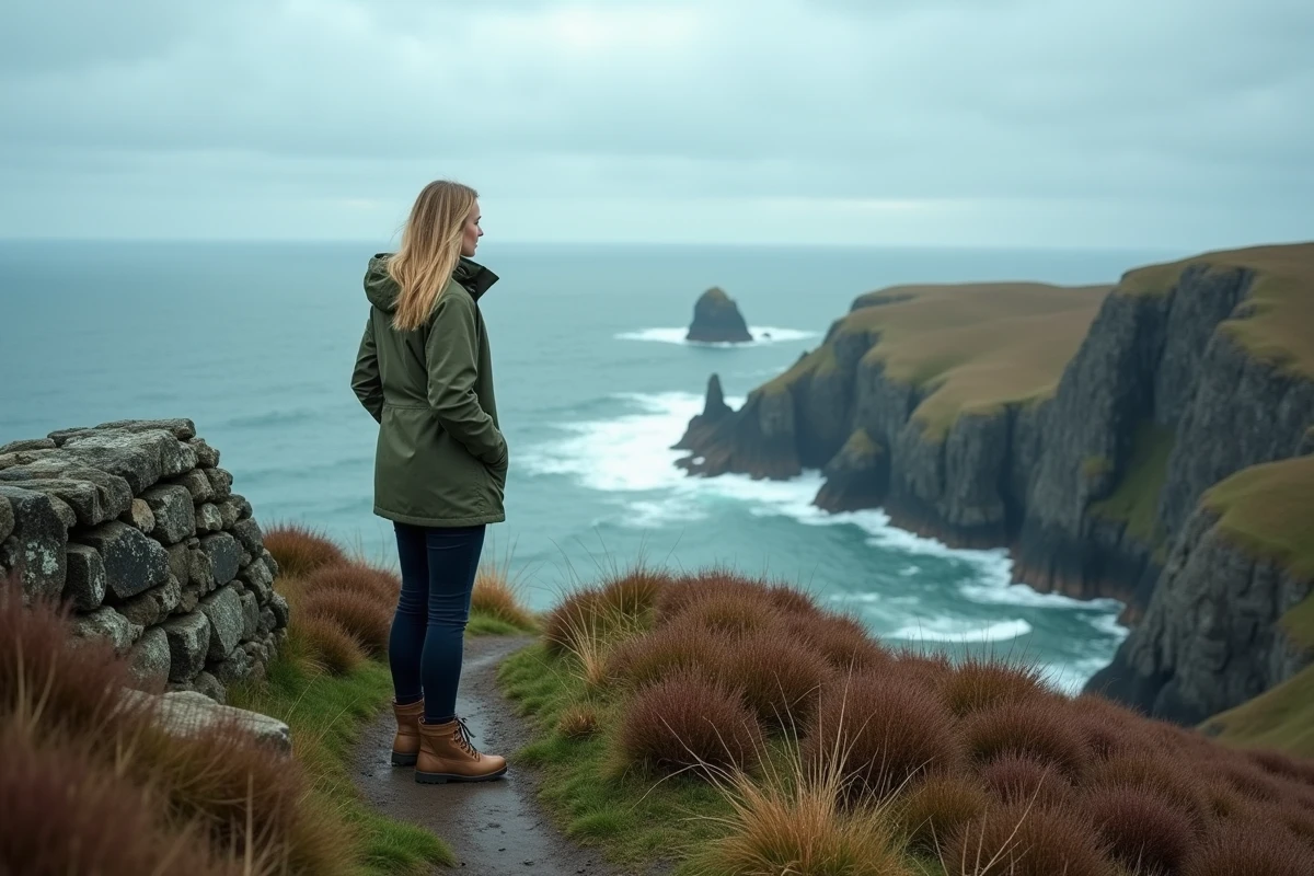 Randonneuse en veste verte sur les falaises côtières de l'île de Man, paysage naturel sauvage et mer agitée en arrière-plan