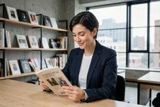 Rédactrice lisant un magazine culturel en ligne dans un bureau éditorial moderne avec des étagères de livres d'art