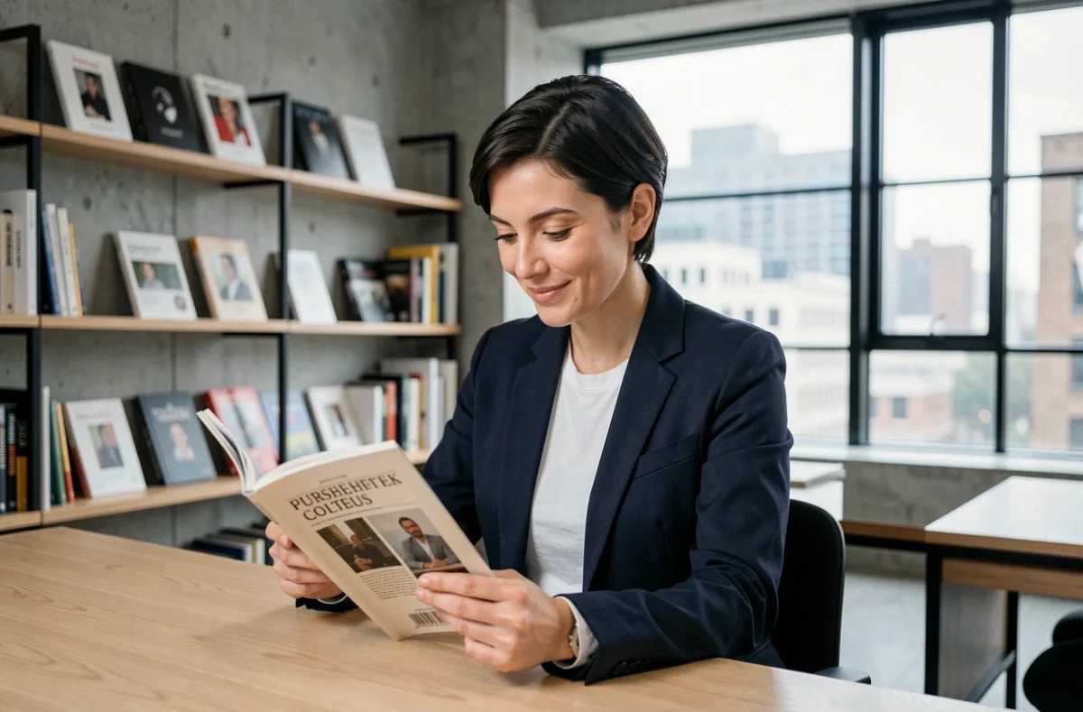 Rédactrice lisant un magazine culturel en ligne dans un bureau éditorial moderne avec des étagères de livres d'art