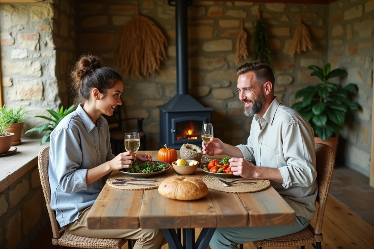 Couple partageant un repas local dans un hébergement écologique en pierre sur l'île de Man, intérieur chaleureux et durable