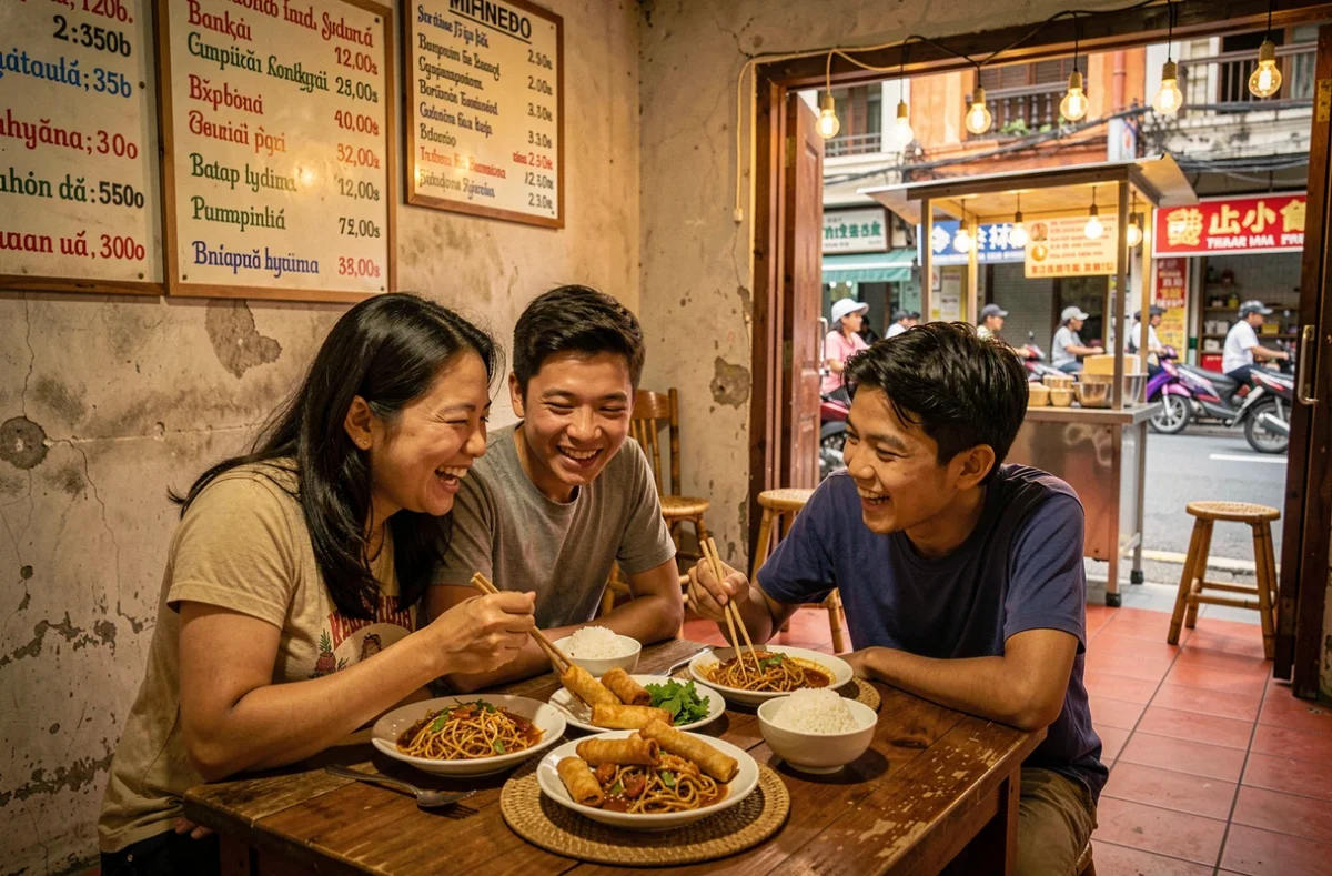 Mère et ses deux adolescents dégustant des plats philippins traditionnels dans une carinderia du quartier de Binondo à Manille